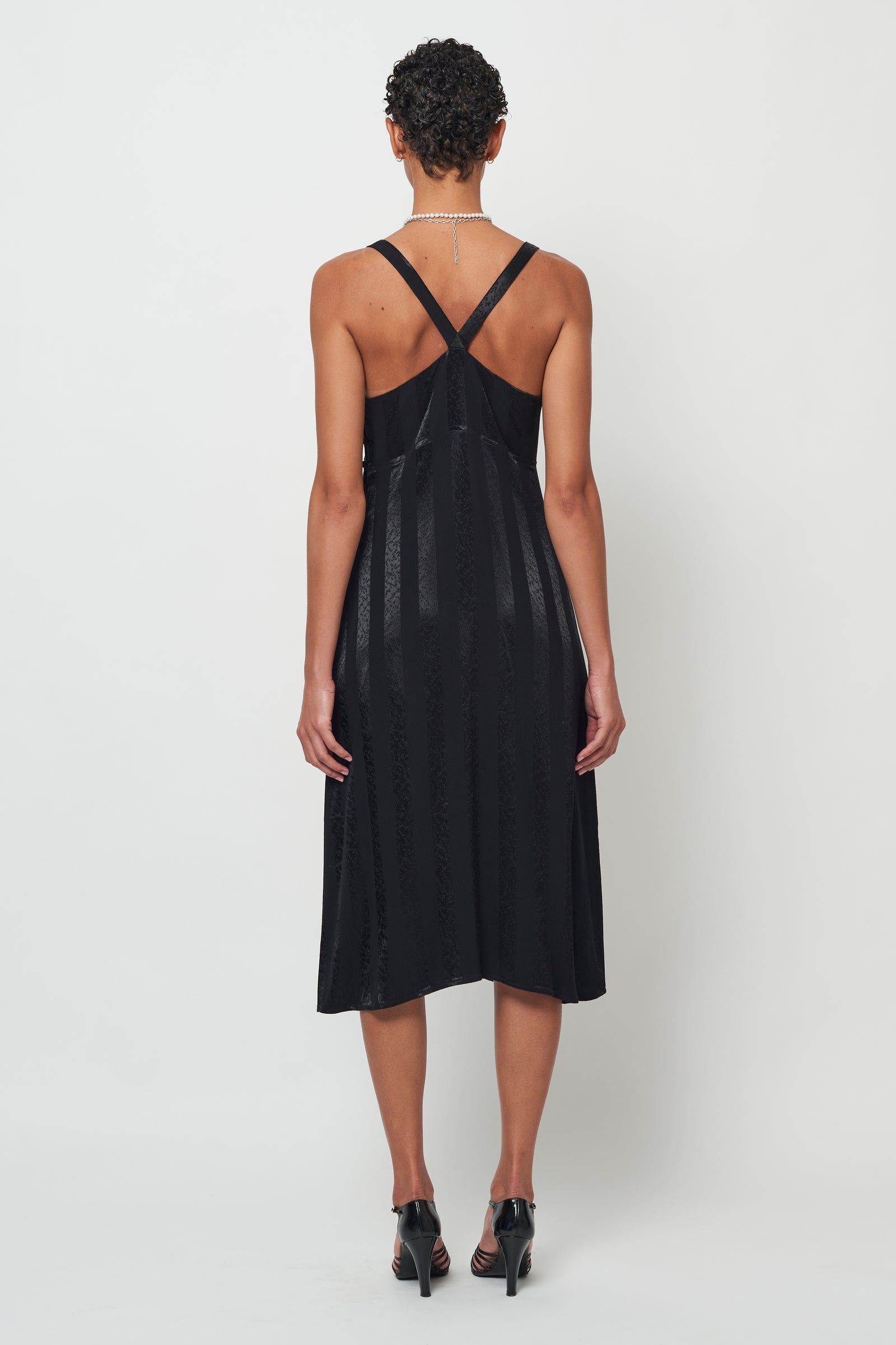 Satin Stripe Black Mona Midi Dress