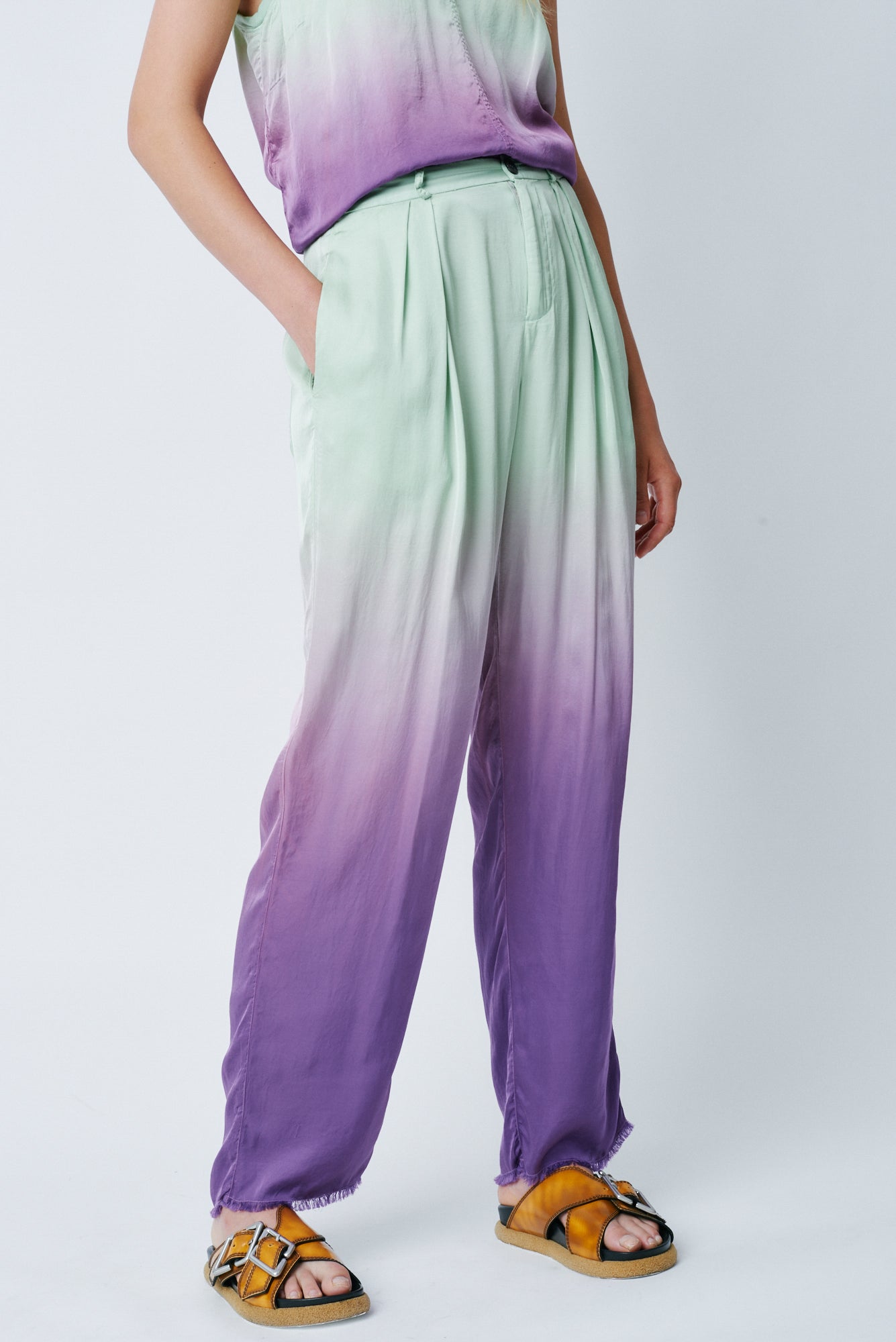 Fantasy Dip Dye Matte Satin Pleated Trouser Side Close-Up View