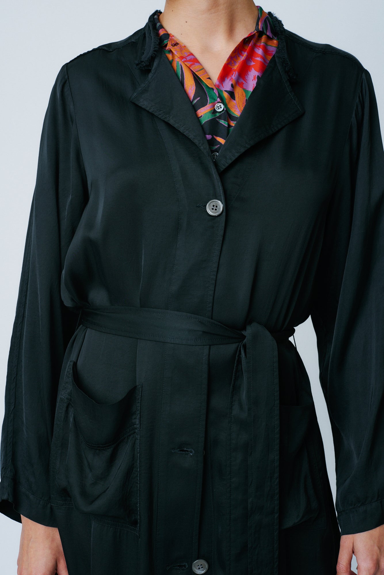 Black Matte Satin Belted Trench Front Close-Up View