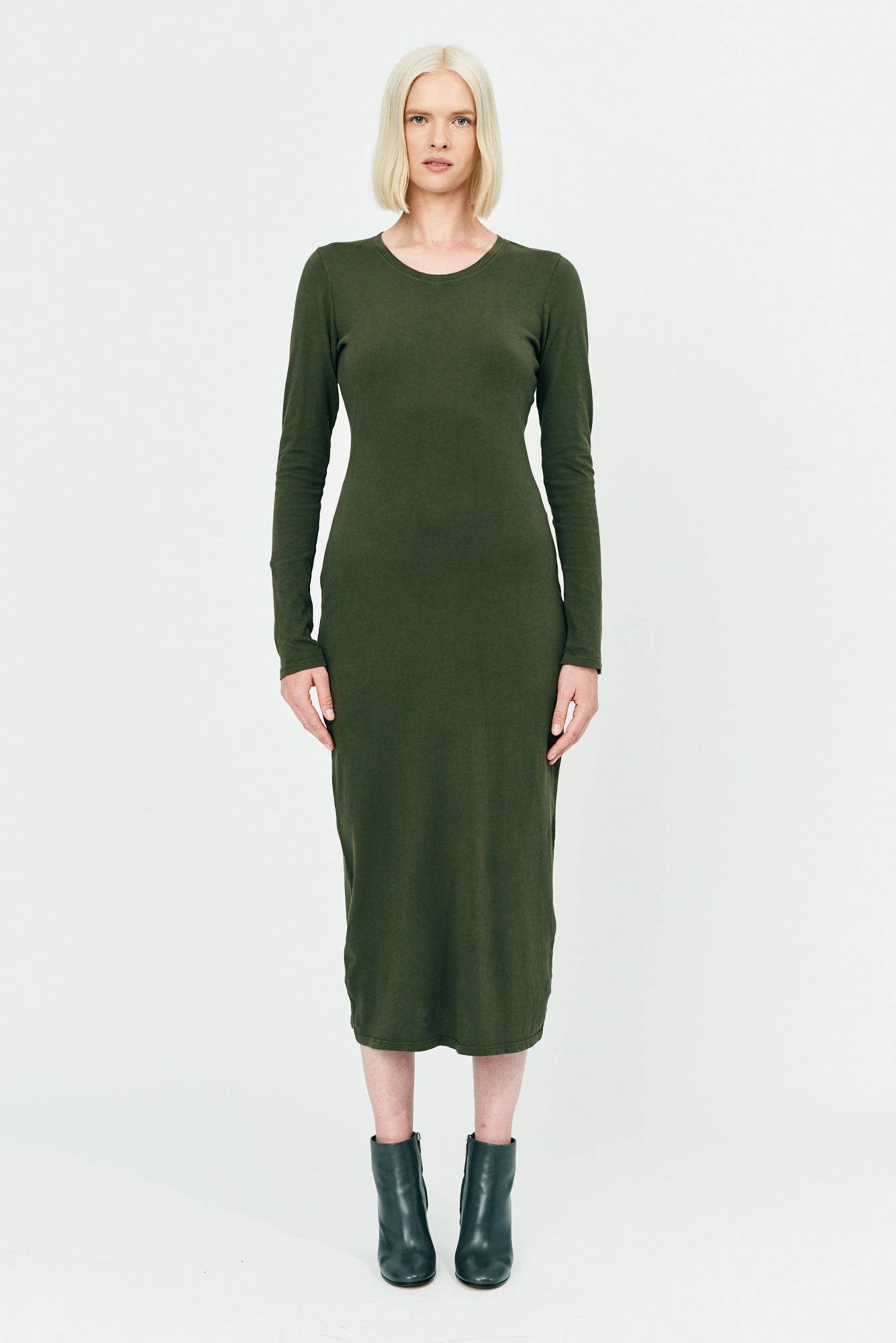 Sage Brush Classic Jersey Fitted Long Sleeve Dress Full Front View