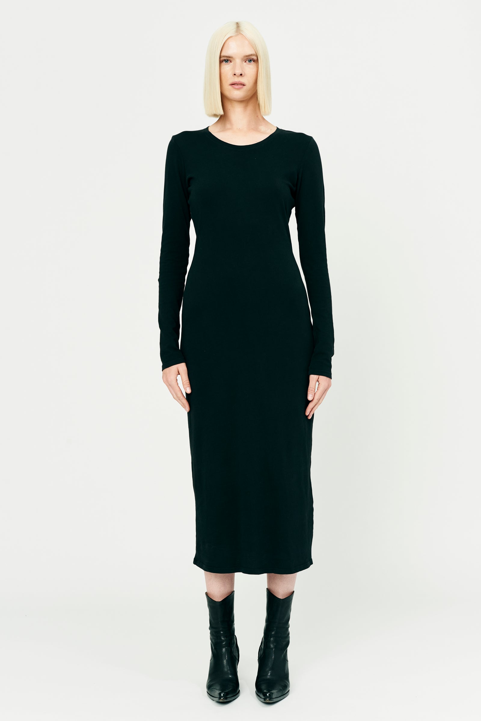 Black Classic Jersey Fitted Long Sleeve Dress Full Front View
