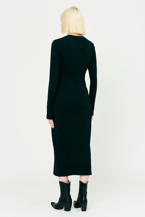 Black Classic Jersey Fitted Long Sleeve Dress Full Back View   View 2 