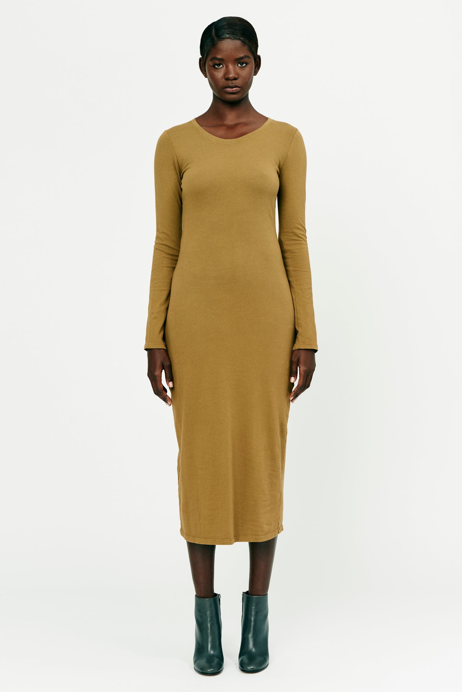 Tobacco Classic Jersey Fitted Long Sleeve Dress Full Front View