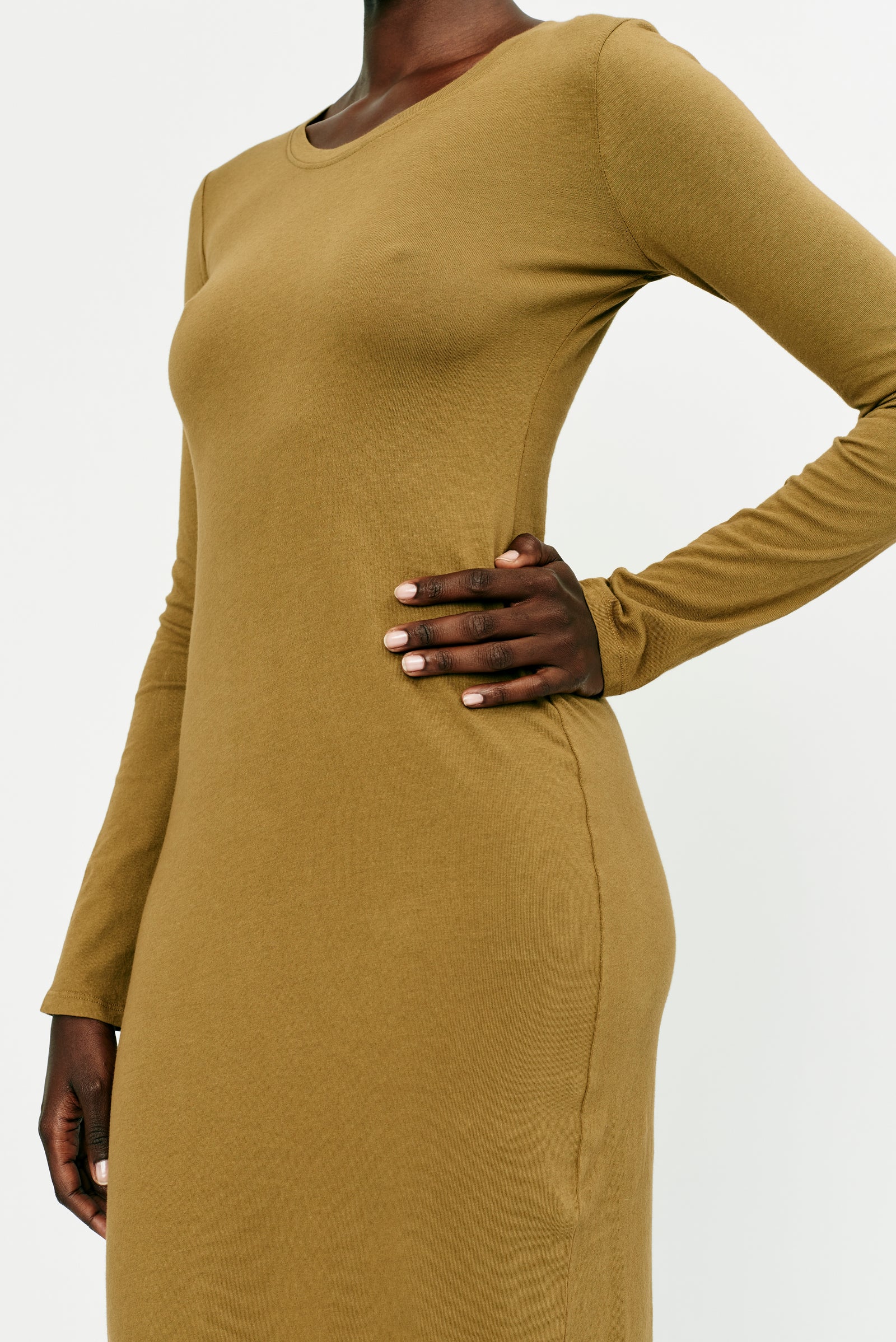 Tobacco Classic Jersey Fitted Long Sleeve Dress Side Close-Up View