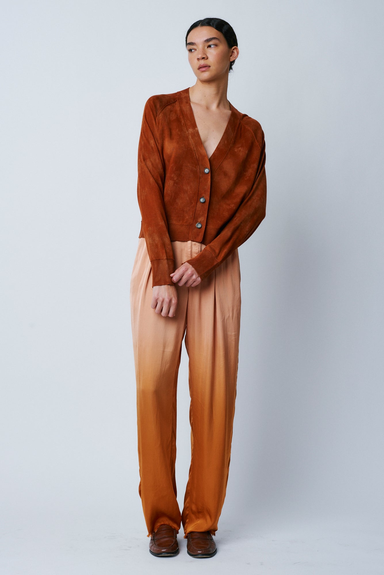 Rust Silk Cashmere Cropped Cardigan Full Front View