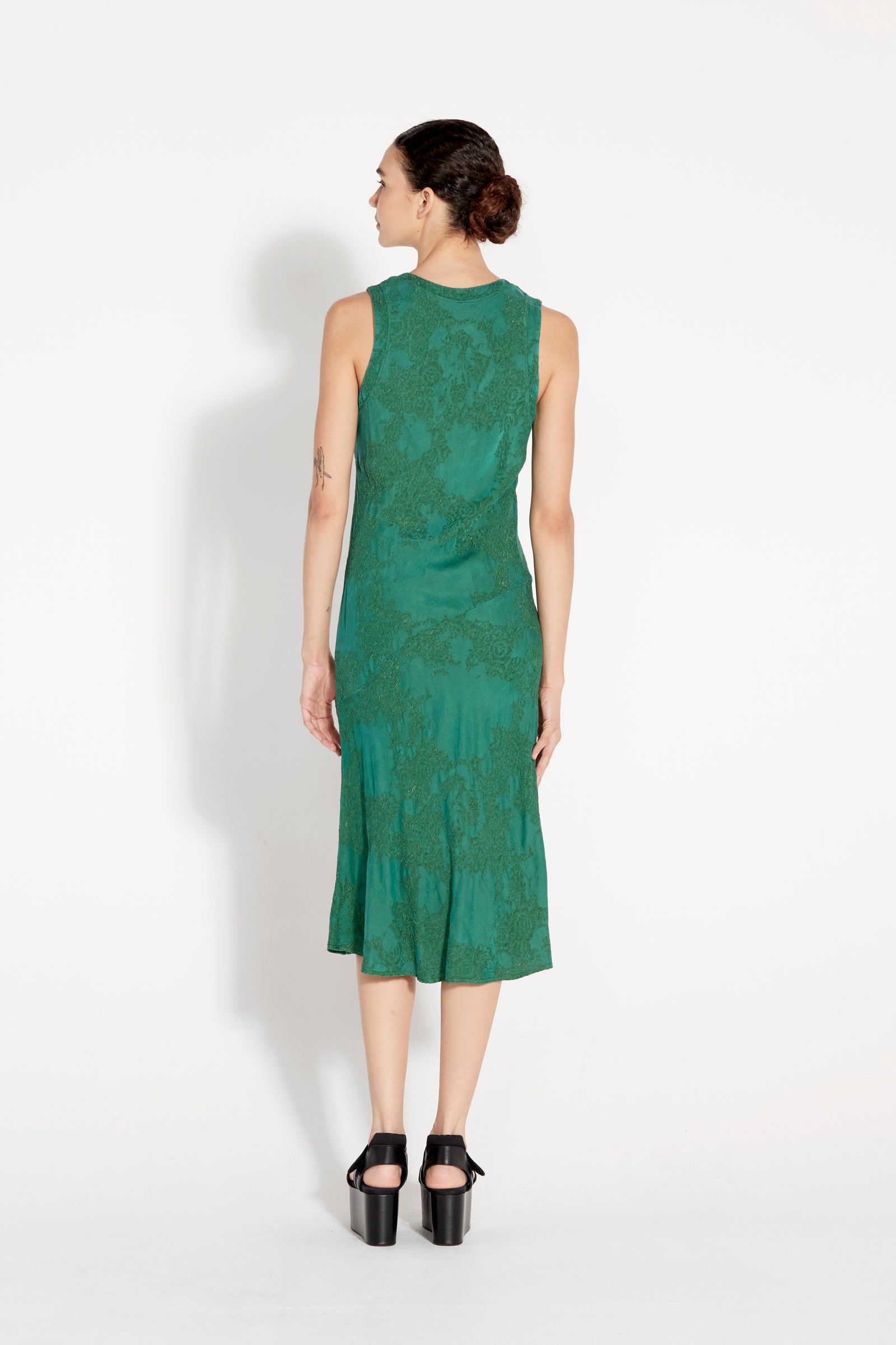 Emerald Silk Jacquard Kennedy Midi Dress Full Back View