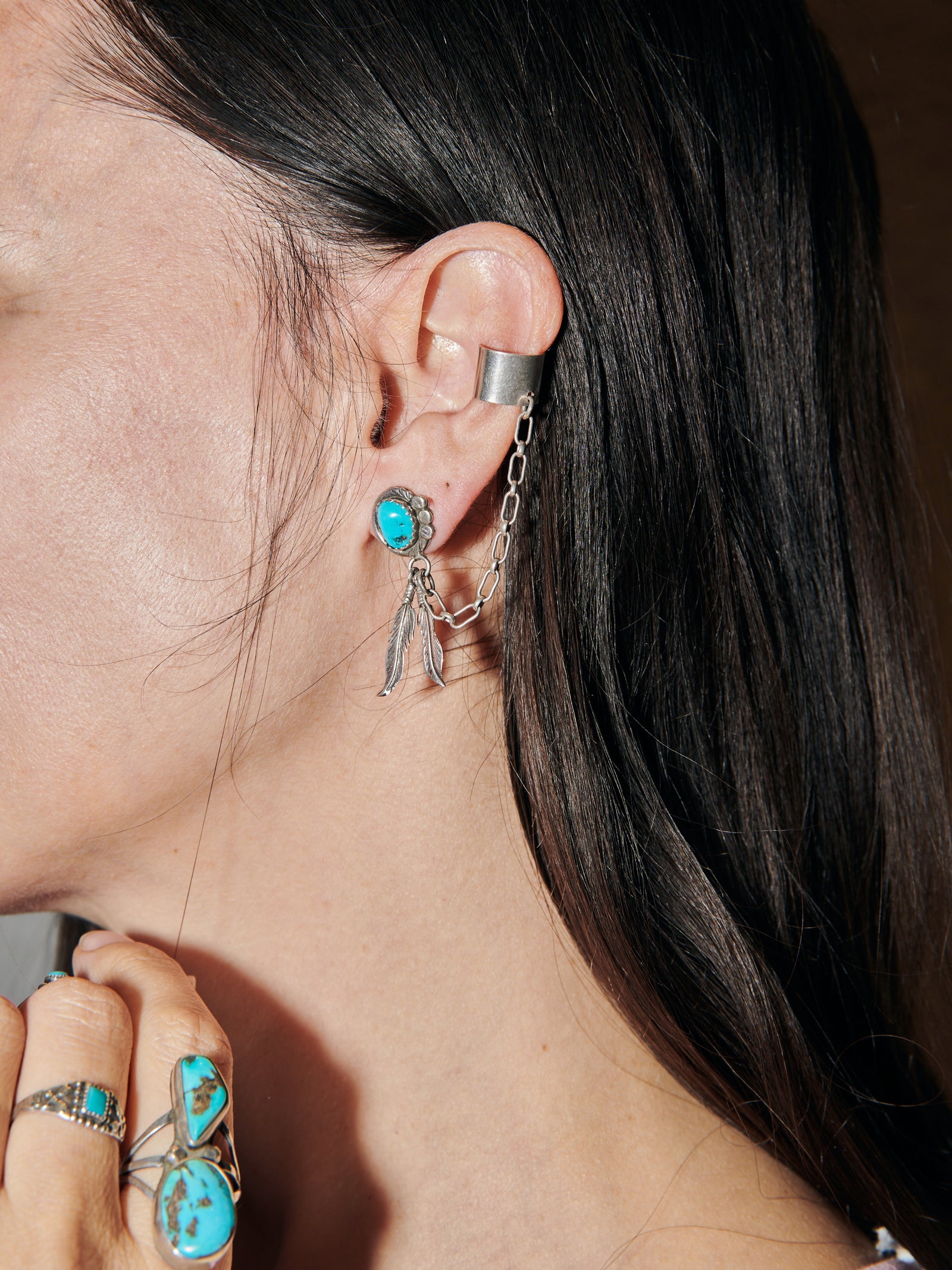 Turquoise Earring And Cuff Side Close-up Worn View