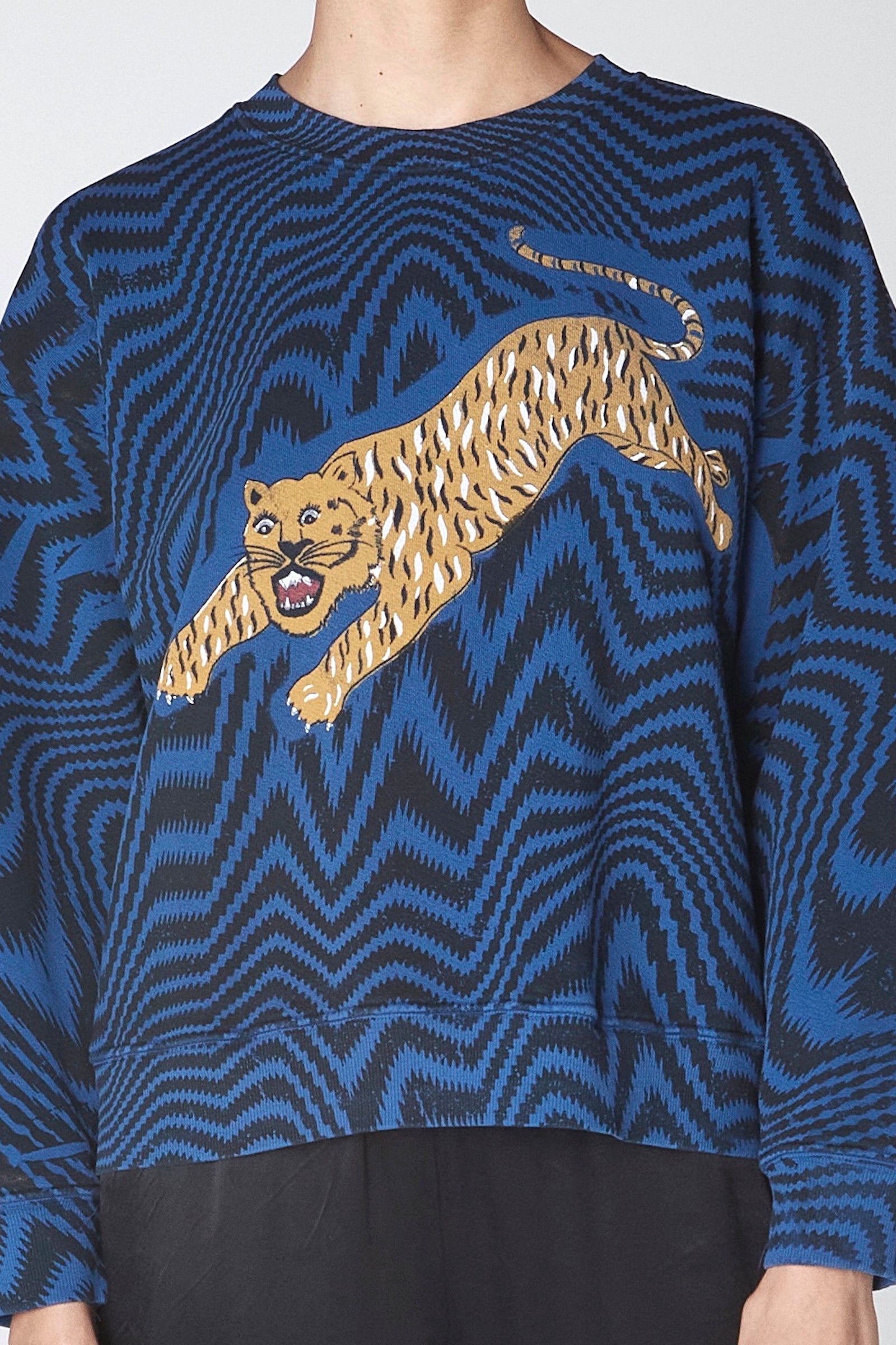 Blue Tiger Vibrations Yves Sweatshirt Front Close-Up View