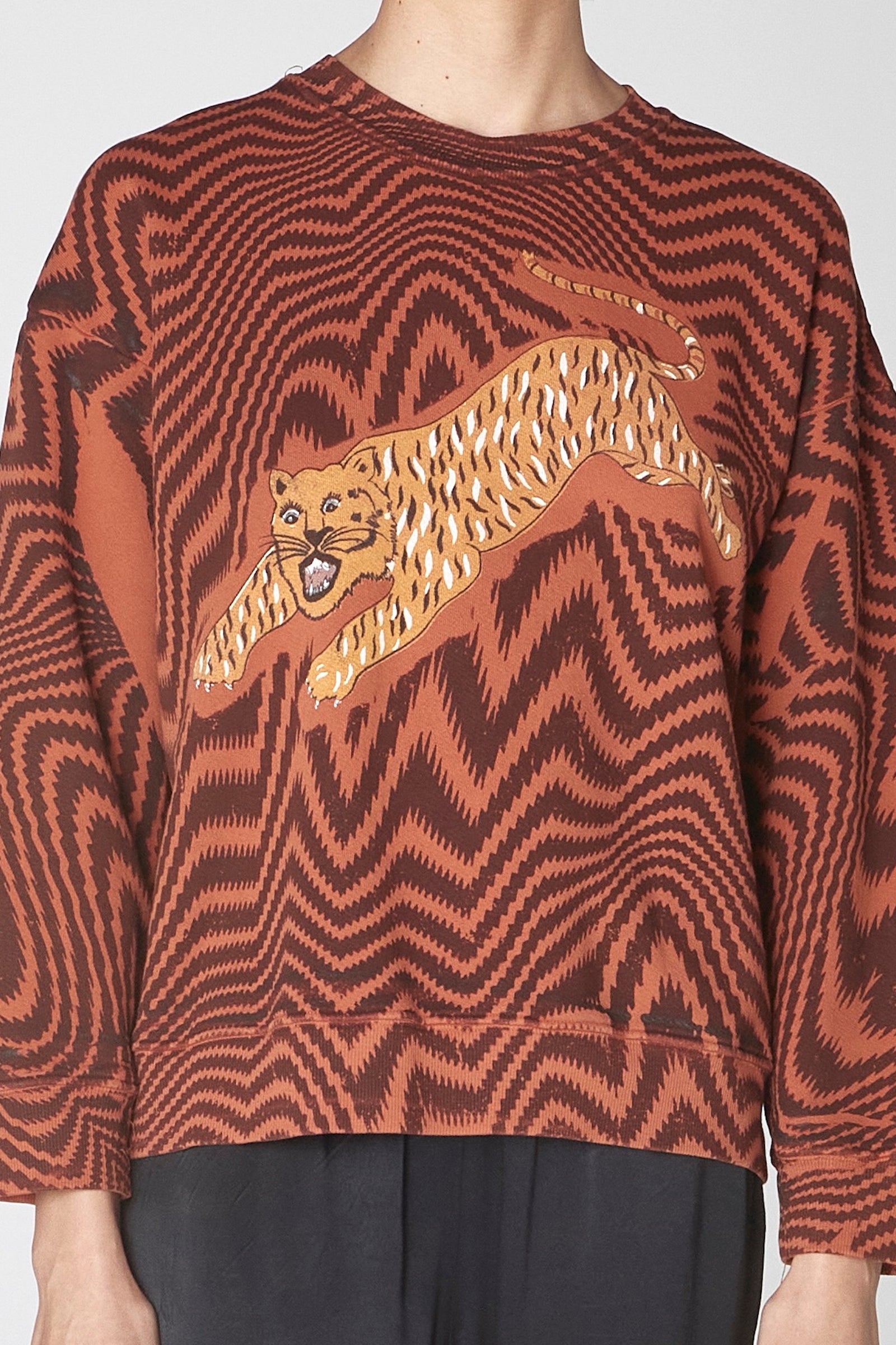 Rust Tiger Vibrations Yves Sweatshirt Front Close-Up View