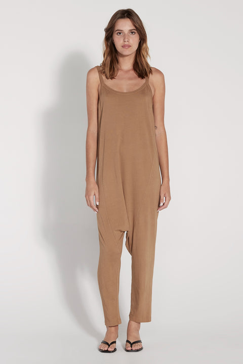 Camel Drop Rise Romper Full Front View   View 1 