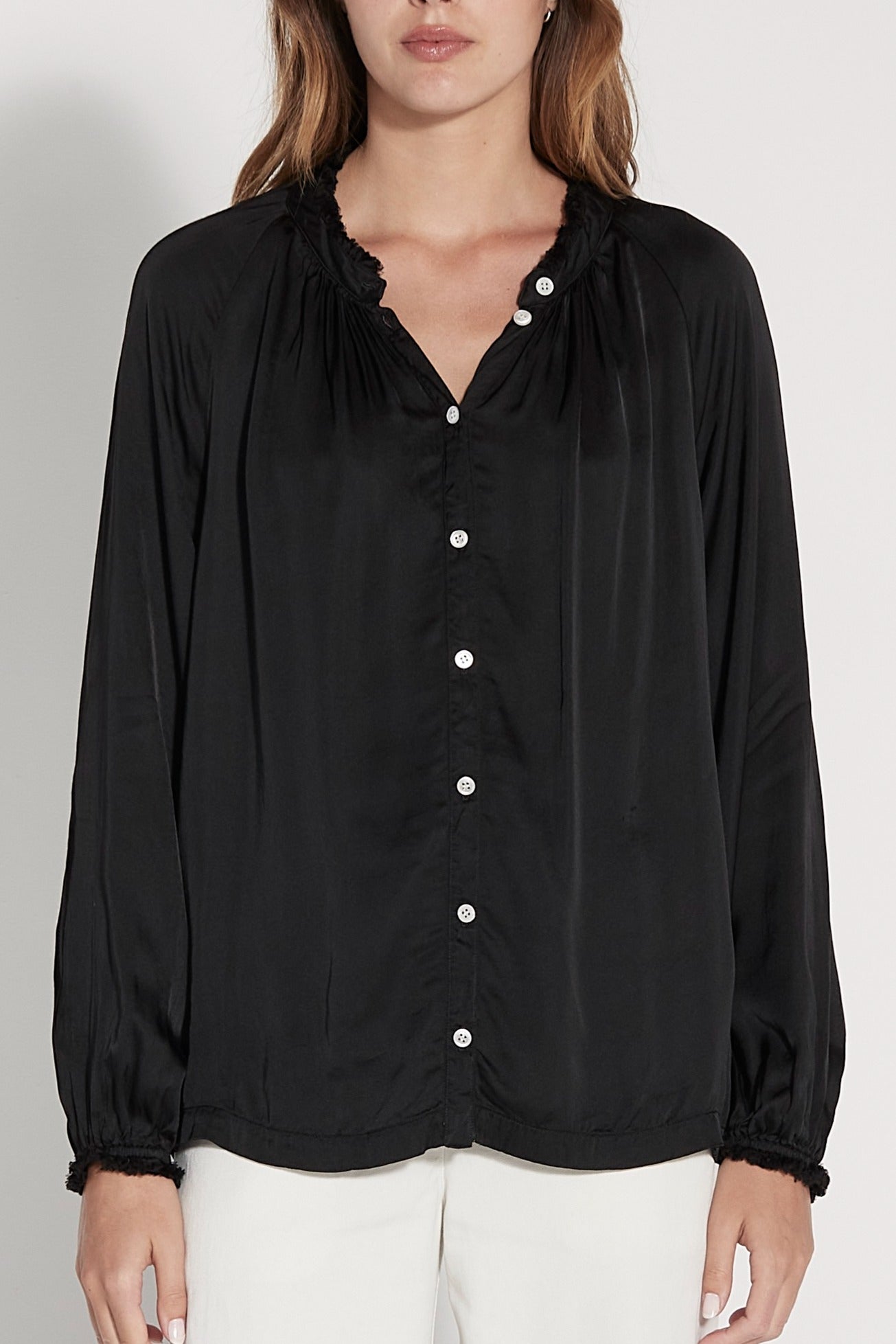 Black Victorian Ruffle Blouse Front Close-Up View