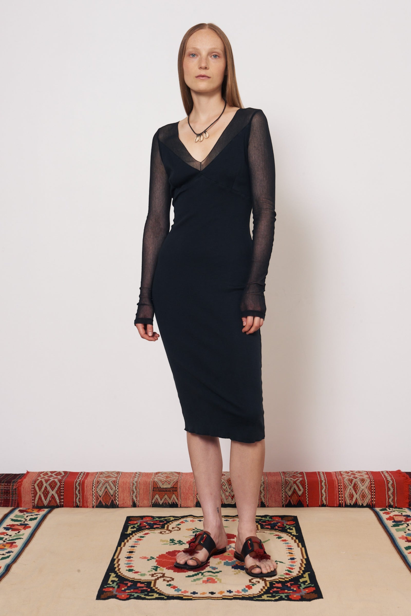 Mesh Black Long Sleeve Poppy Midi Dress RA-DRESS SPRING1'24   