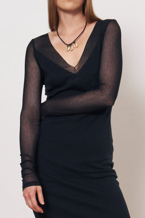 Mesh Black Long Sleeve Poppy Midi Dress RA-DRESS SPRING1'24      View 2 