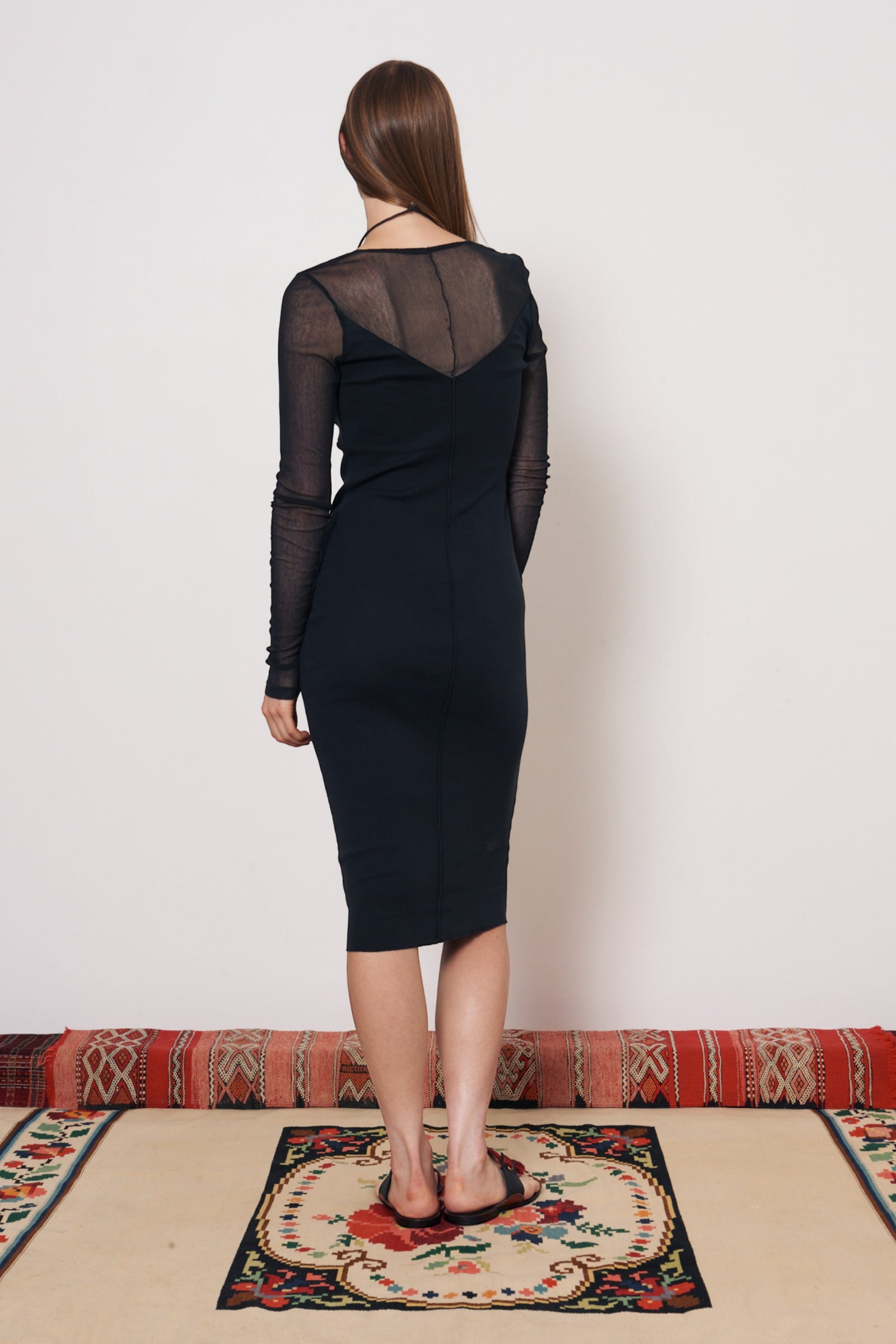 Mesh Black Long Sleeve Poppy Midi Dress RA-DRESS SPRING1'24   