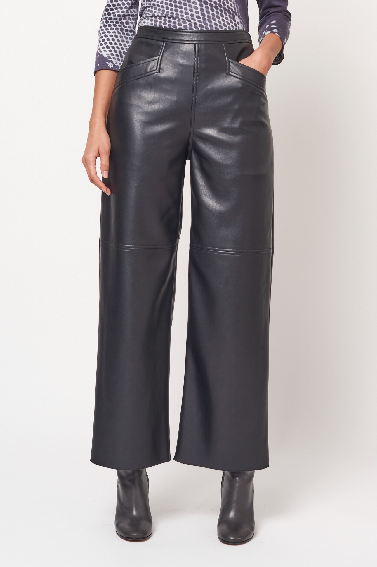Black Faux Leather Seam Detail Wide Leg Pants