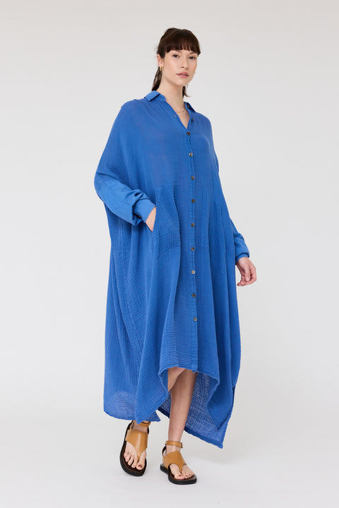 Gauze Dusty Blue Caftan Dress RA-DRESS PREFALL'24      View 3 