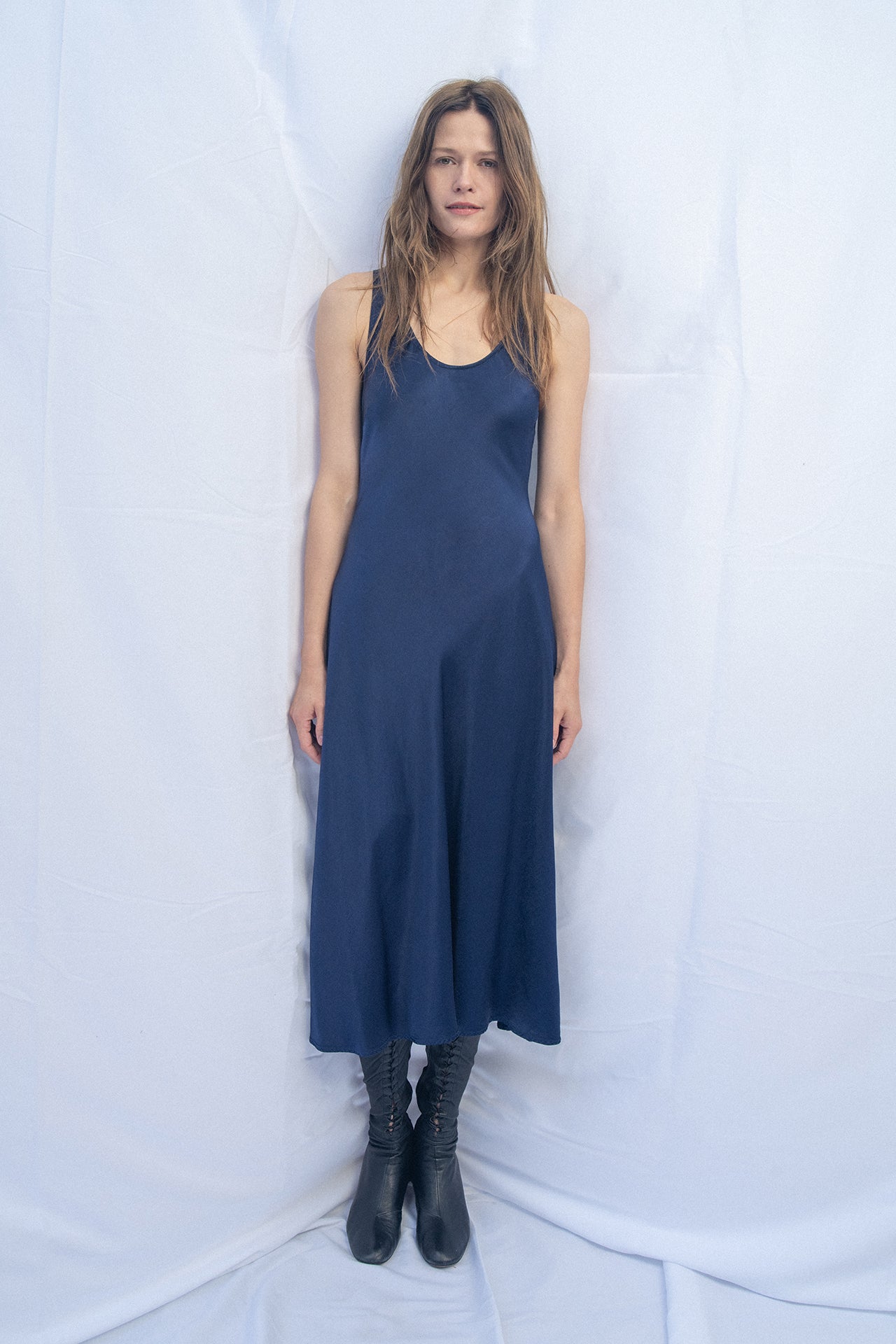 Pebble Satin Navy Valentina Midi Dress