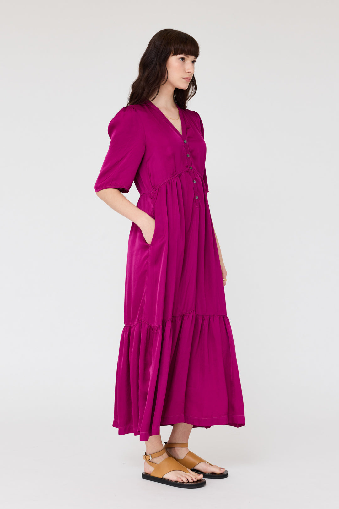 Pebble Satin Magenta Perfect Dress RA-DRESS PREFALL'24   