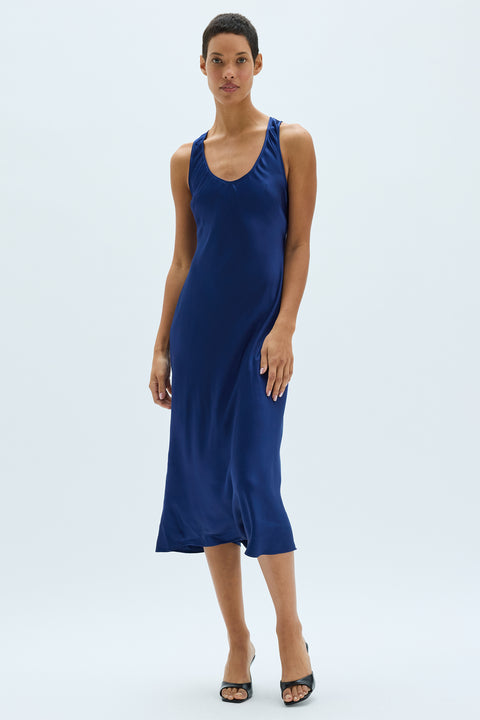 Pebble Satin Navy Valentina Midi Dress