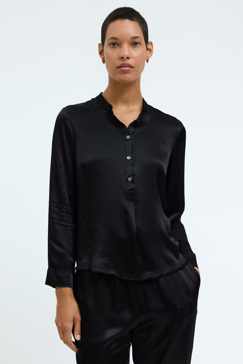 Pebble Satin Black Perfect Henley Blouse