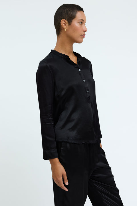 Pebble Satin Black Perfect Henley Blouse