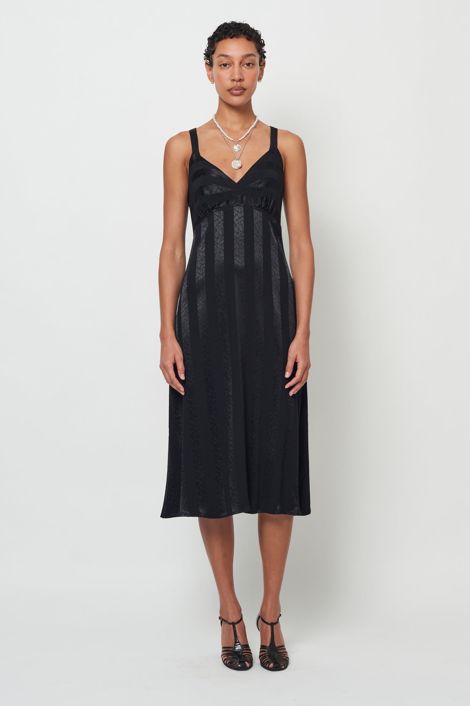Satin Stripe Black Mona Midi Dress