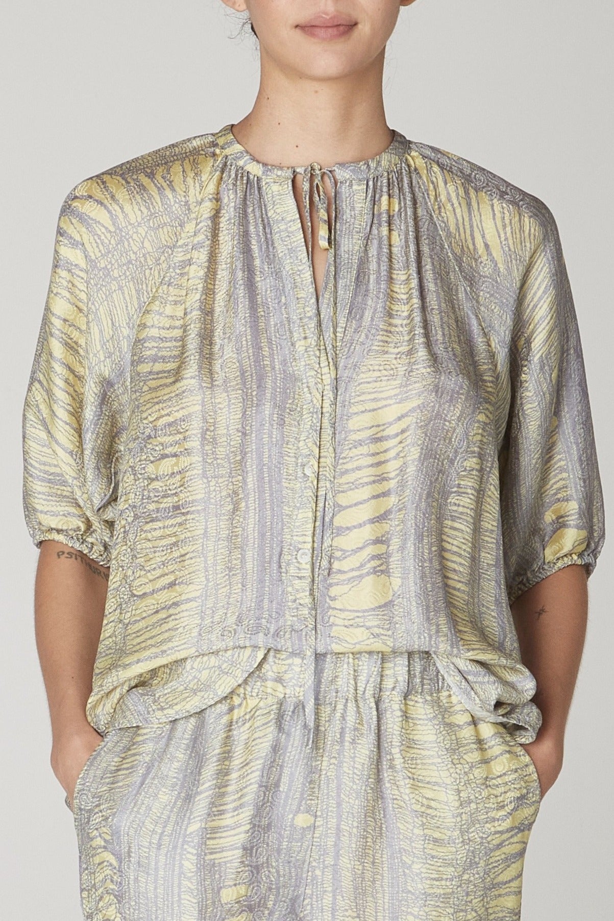 Yellow and Lavender Print Shred Print Poet Top