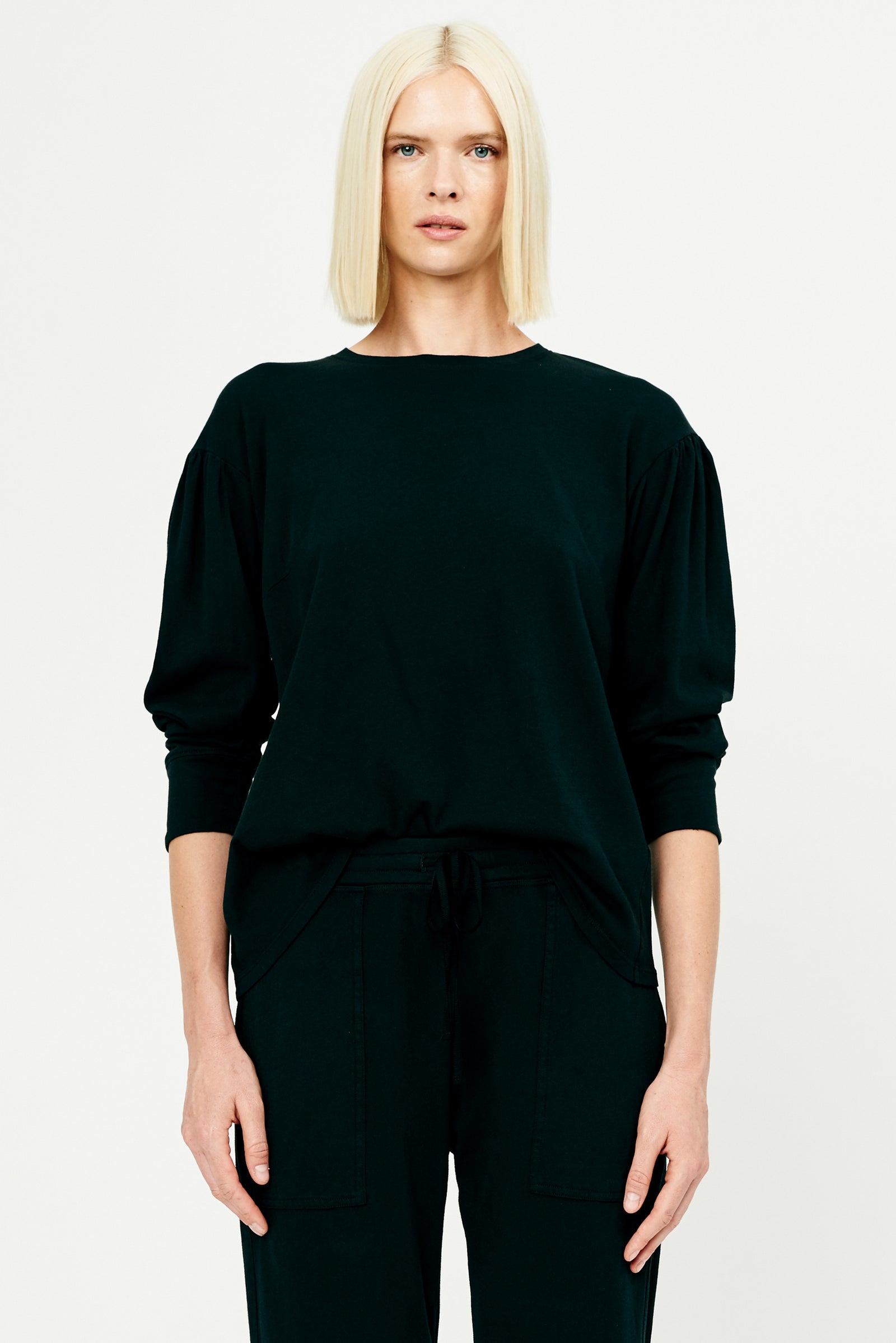 Black Classic Jersey Simone Sleeve Top Front Close-Up View