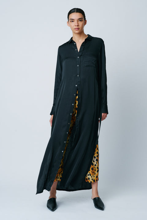 Black Matte Satin Shirt Dress RA-DRESS ARCHIVE-PREFALL'22      View 1 