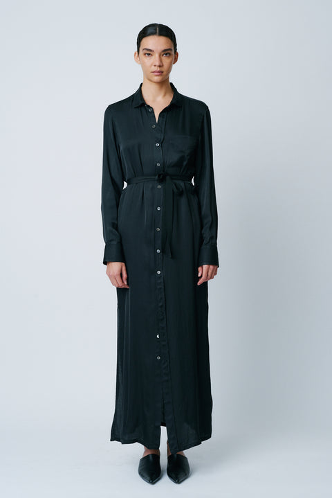 Black Matte Satin Shirt Dress RA-DRESS ARCHIVE-PREFALL'22      View 2 