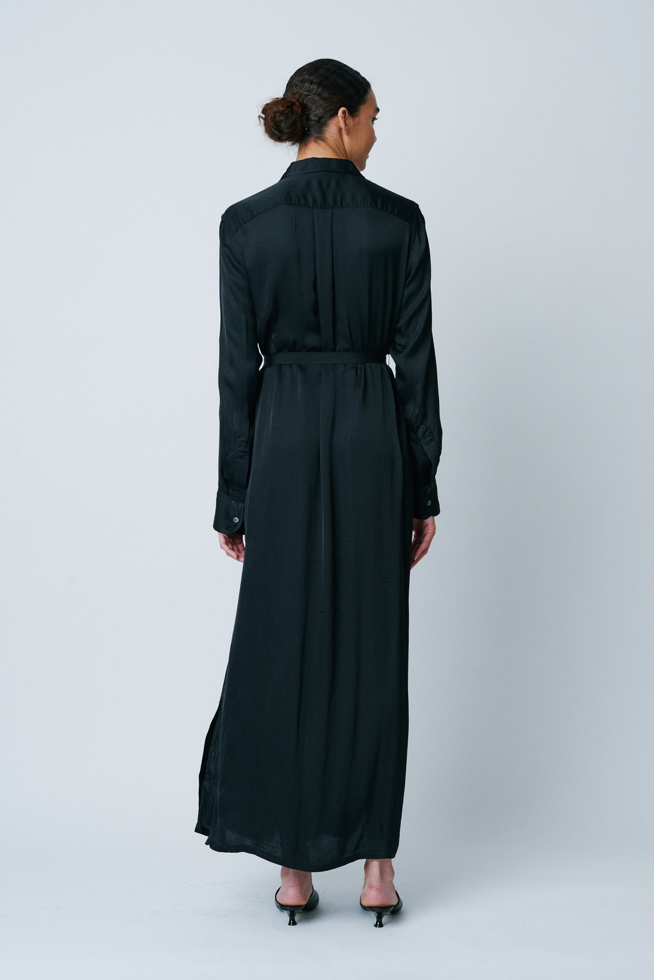 Black Matte Satin Shirt Dress RA-DRESS ARCHIVE-PREFALL'22   