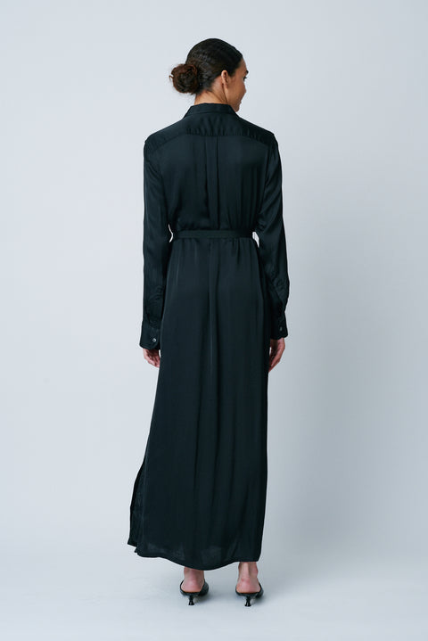 Black Matte Satin Shirt Dress RA-DRESS ARCHIVE-PREFALL'22      View 3 