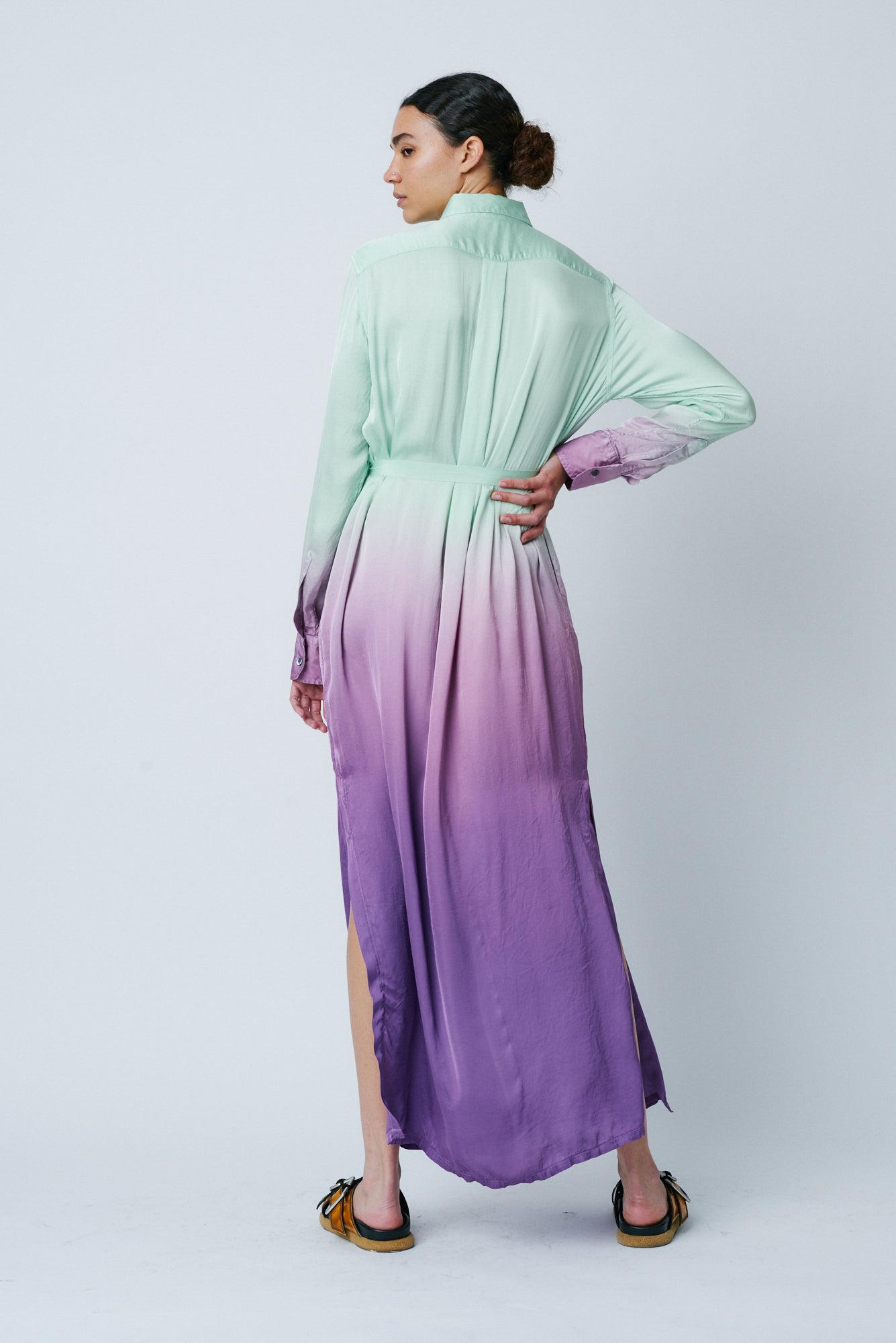 Fantasy Dip Dye Matte Satin Shirt Dress Full Back View