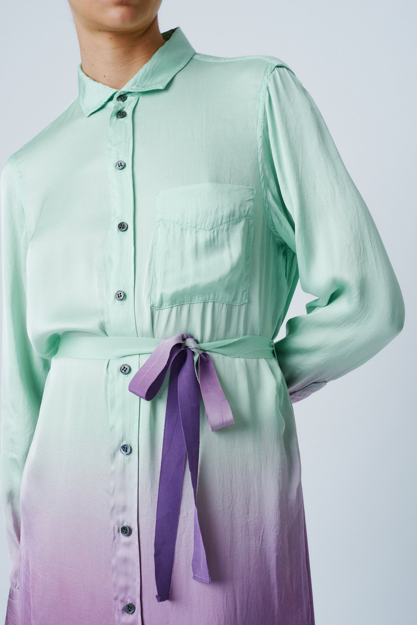 Fantasy Dip Dye Matte Satin Shirt Dress Front Close-Up View