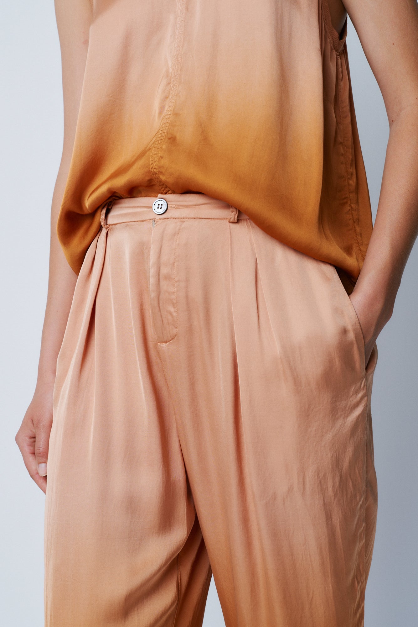 Bengal Dip Dye Matte Satin Pleated Trouser Front Close-Up View
