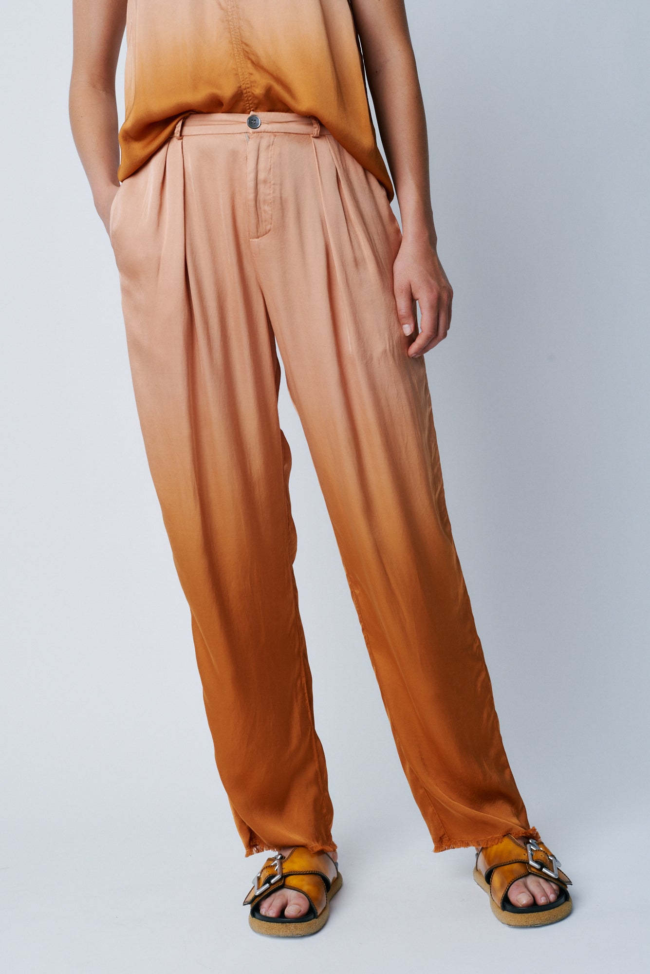 Bengal Dip Dye Matte Satin Pleated Trouser Front Close-Up View