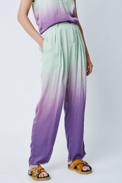 Fantasy Dip Dye Matte Satin Pleated Trouser Side Close-Up View   View 2 