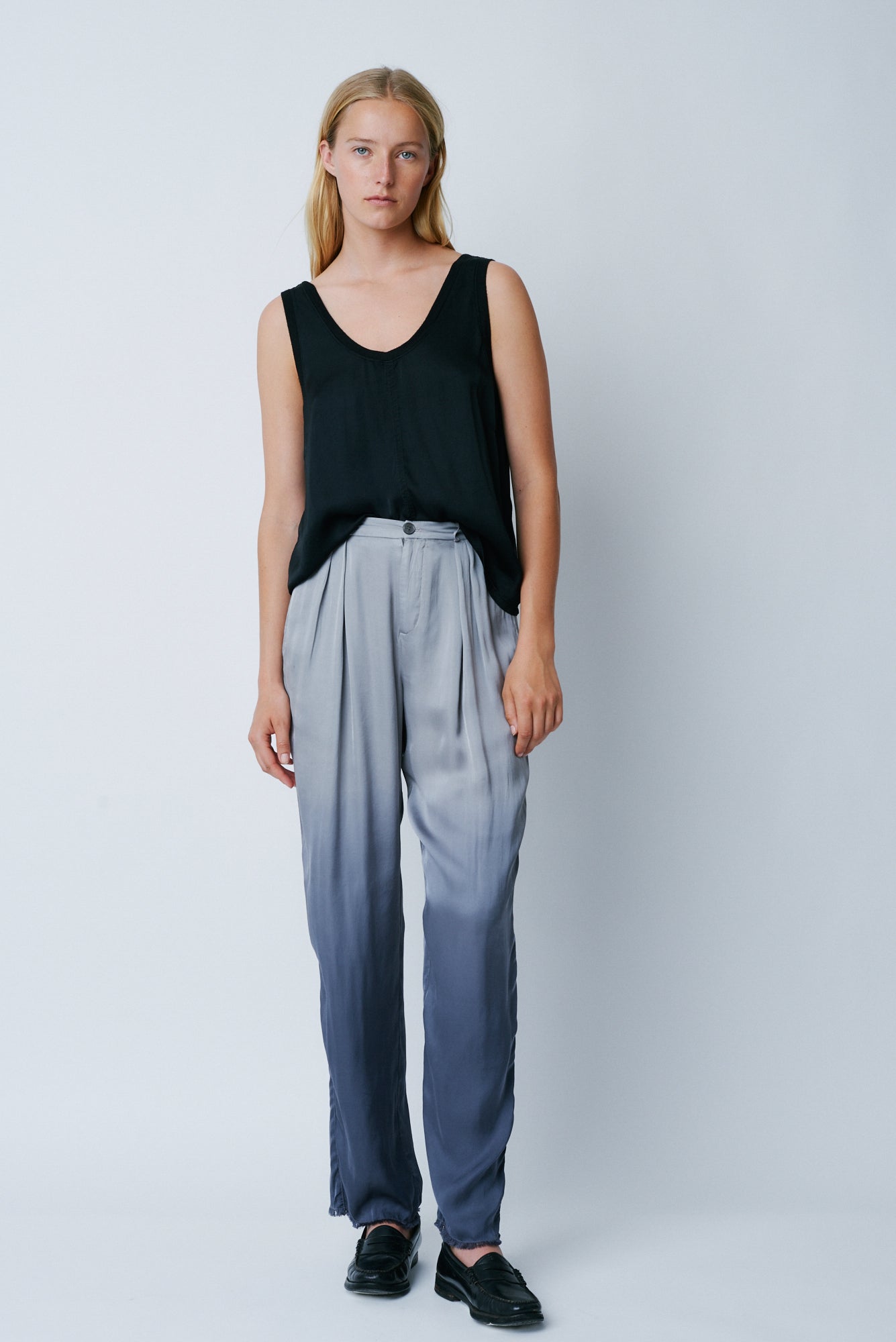 Silver Dip Dye Matte Satin Pleated Trouser Full Front View