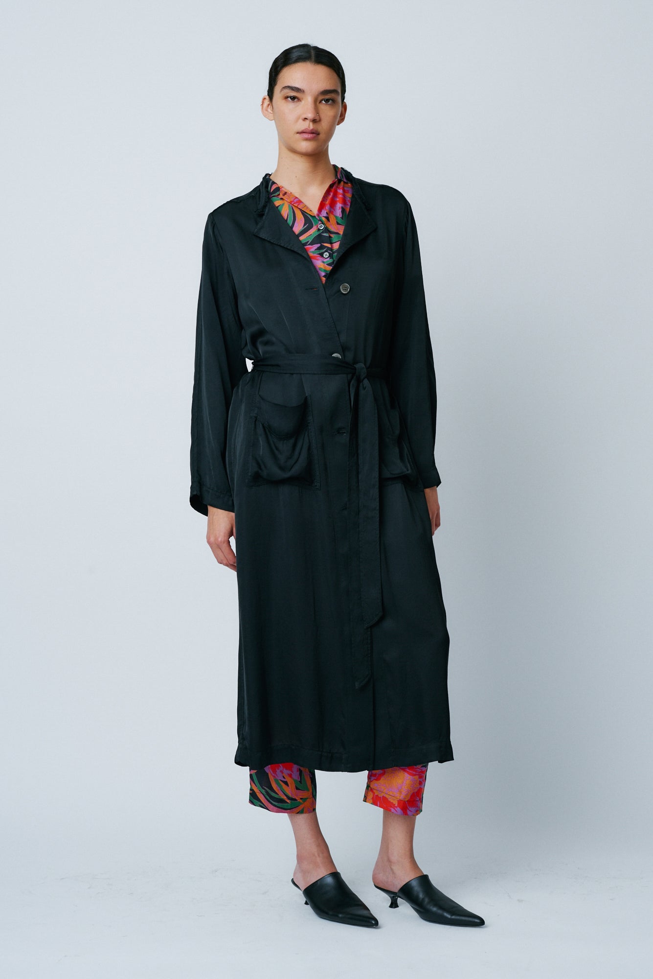 Black Matte Satin Belted Trench Full Front View