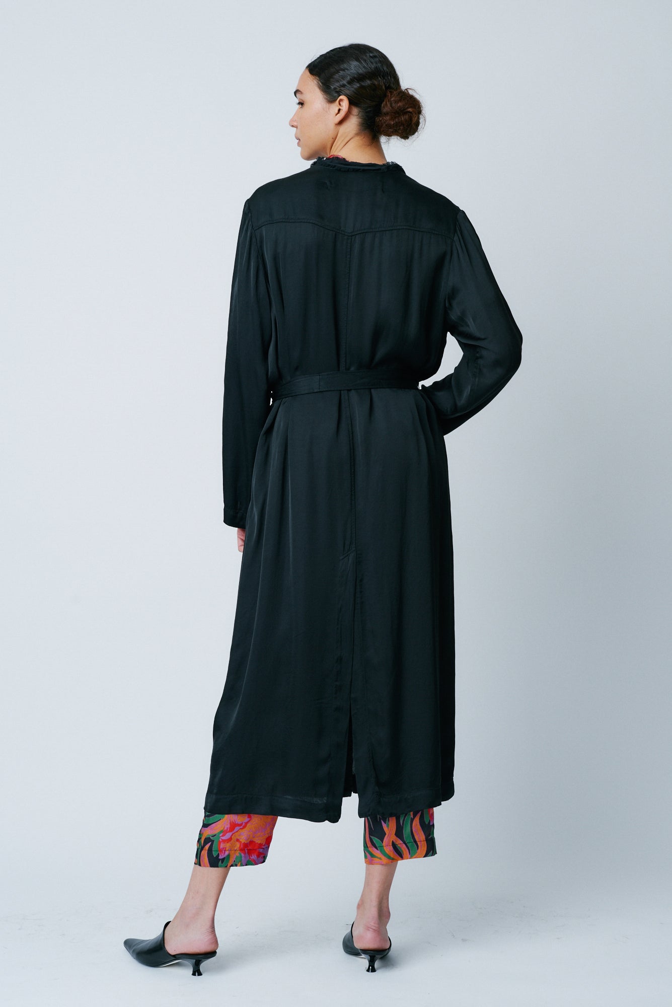 Black Matte Satin Belted Trench Full Back View