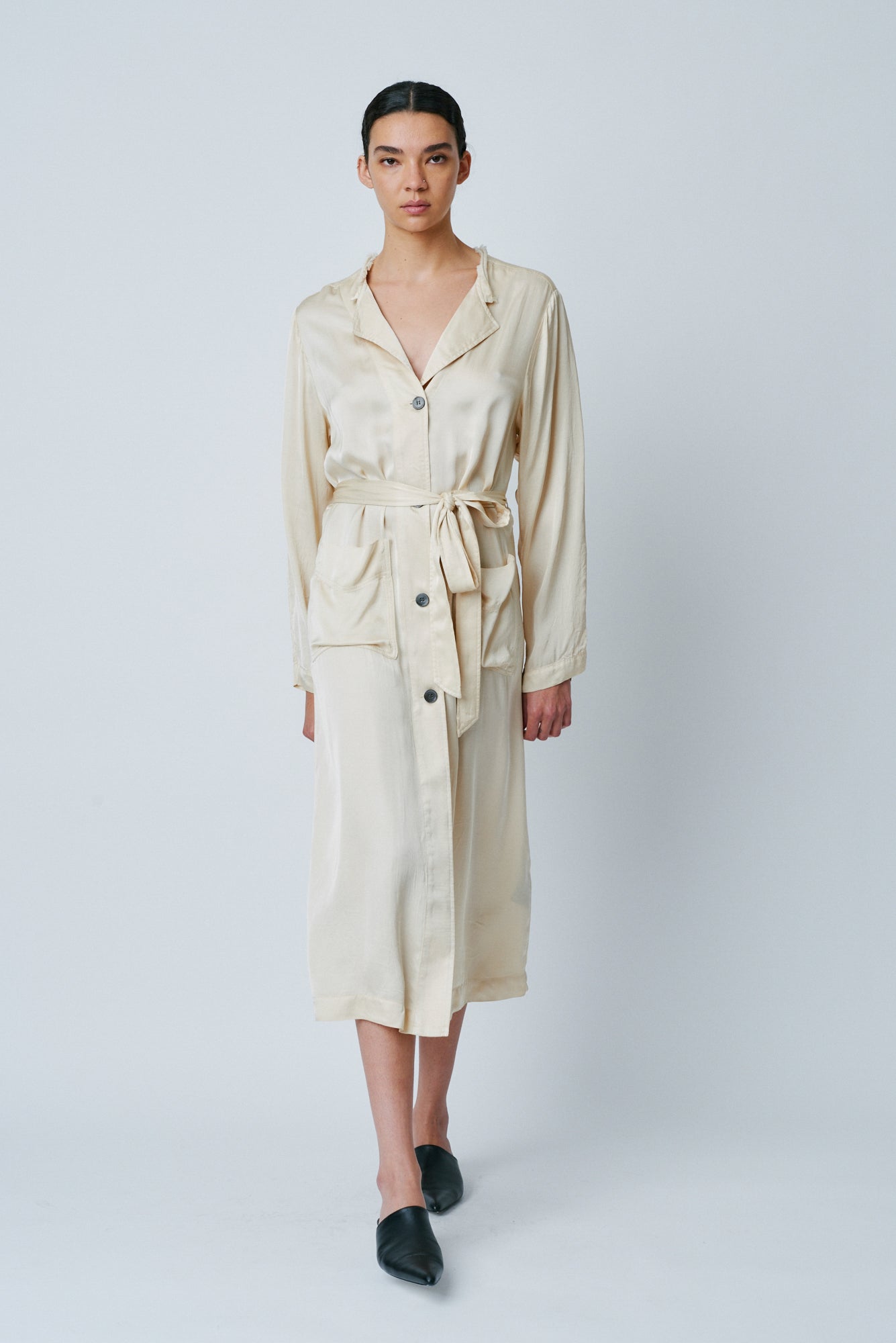 Champagne Matte Satin Belted Trench Full Front View