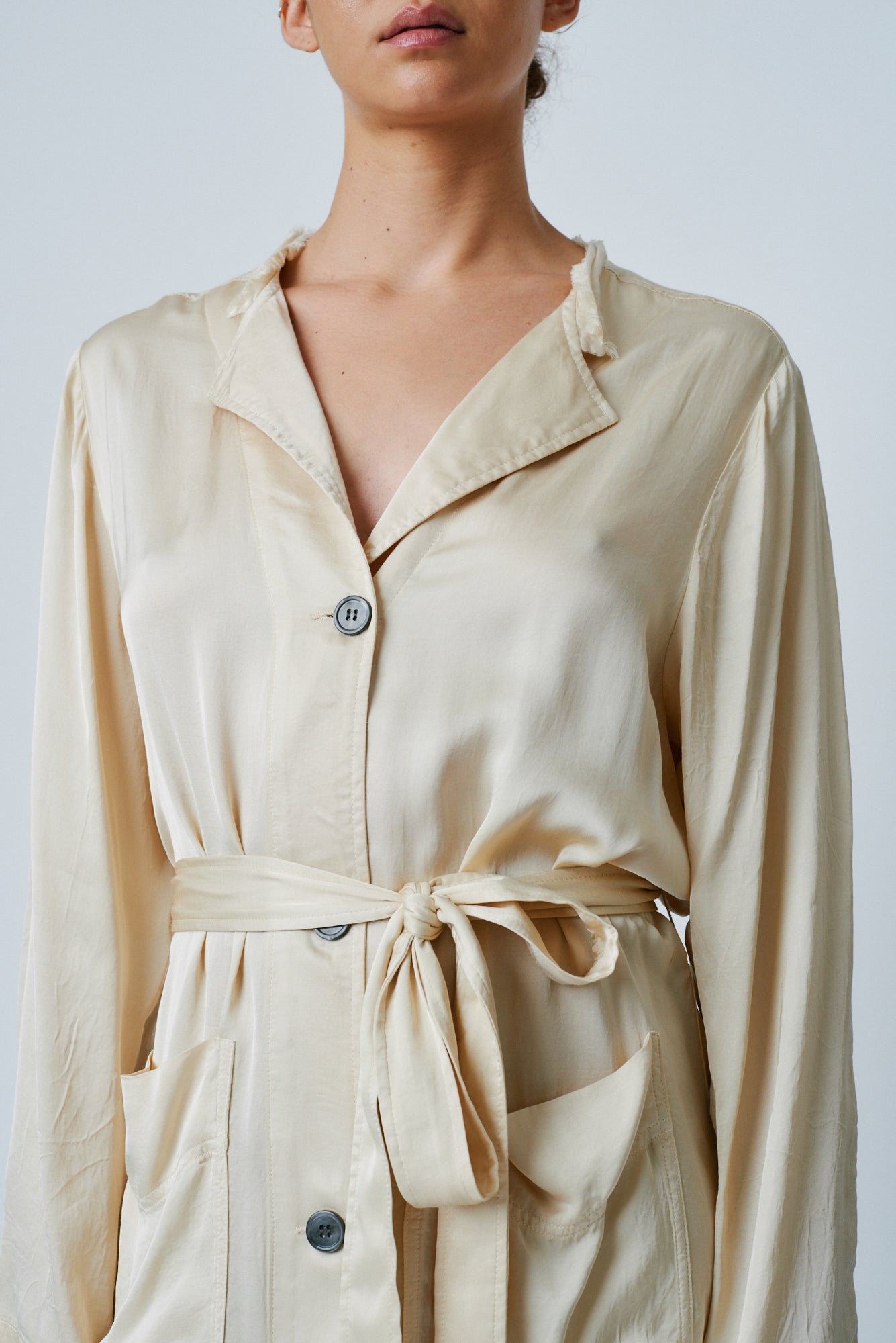 Champagne Matte Satin Belted Trench Front Close-Up View