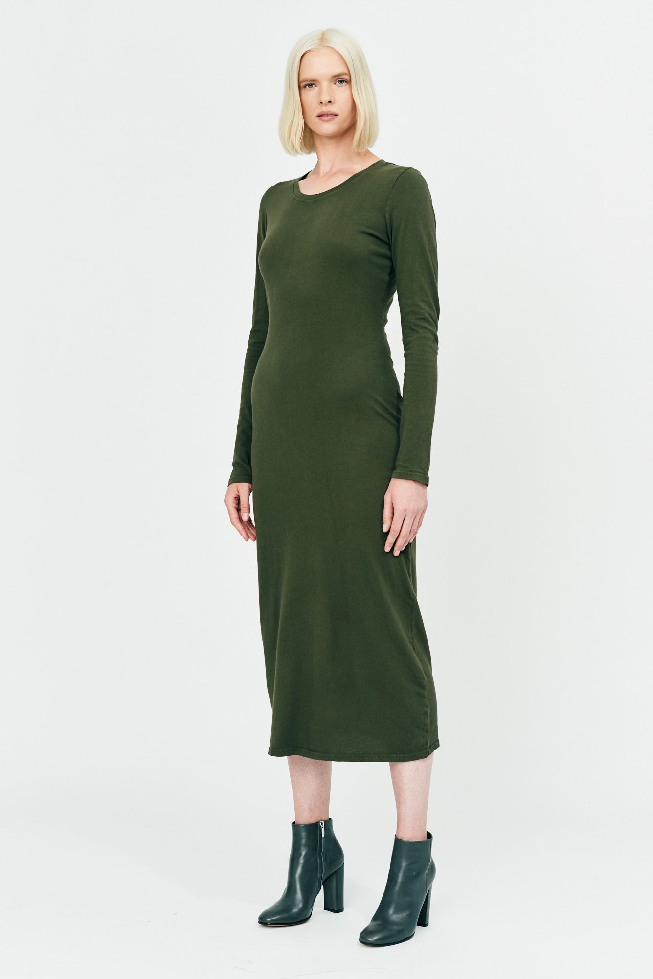 Sage Brush Classic Jersey Fitted Long Sleeve Dress Full Side View