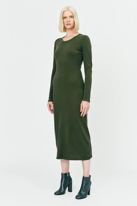 Sage Brush Classic Jersey Fitted Long Sleeve Dress Full Side View   View 1 
