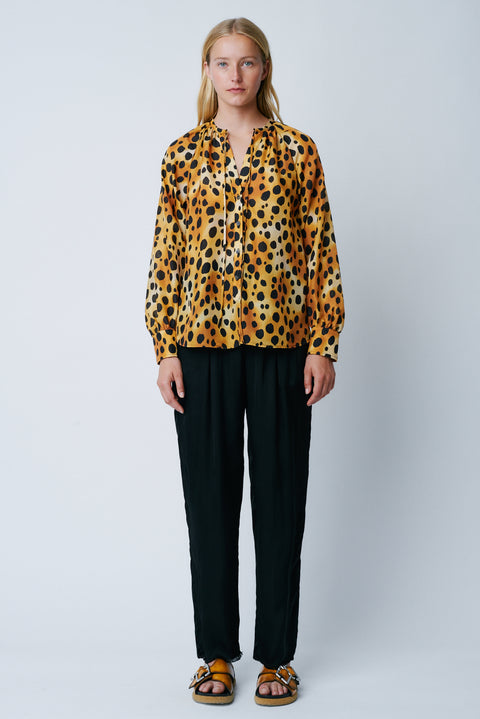 Classic Cheetah Vintage Wash Print Silk Poet Top Full Front View   View 1 