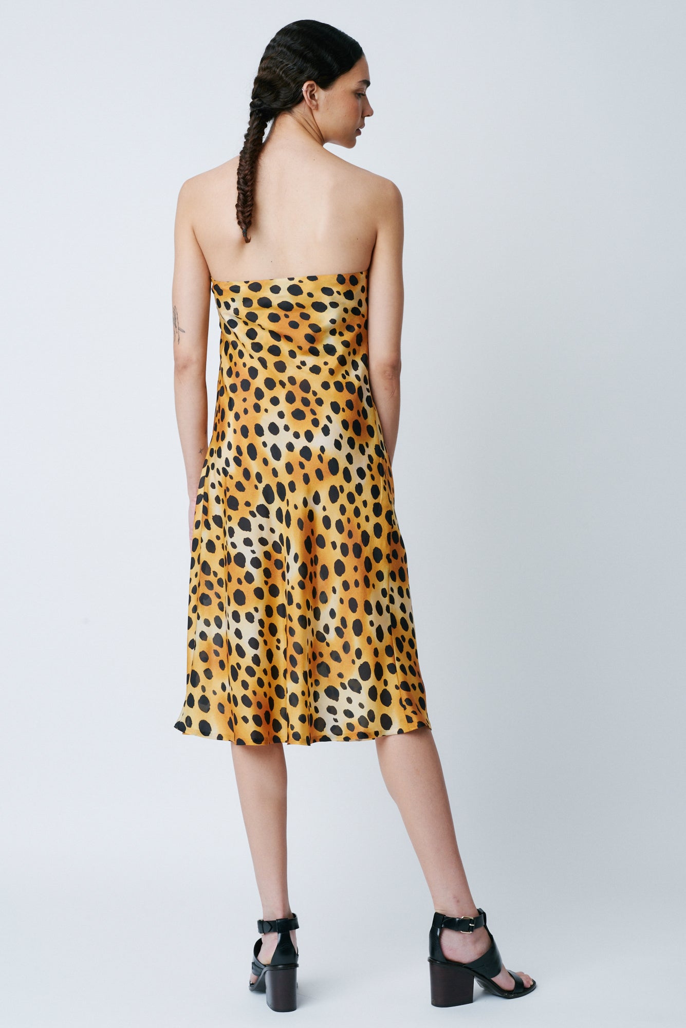 Classic Cheetah Vintage Wash Print Silk Draped Tie Dress Full Back View