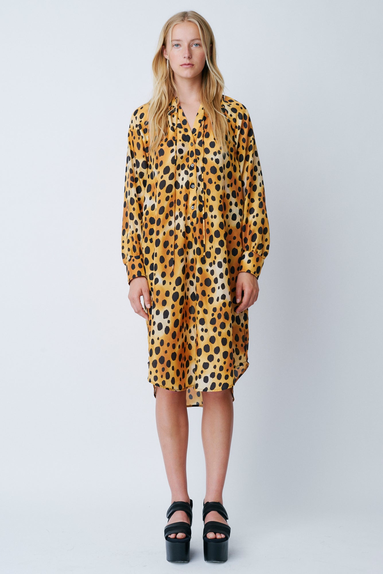 Classic Cheetah Vintage Wash Print Silk Poet Dress Full Front View