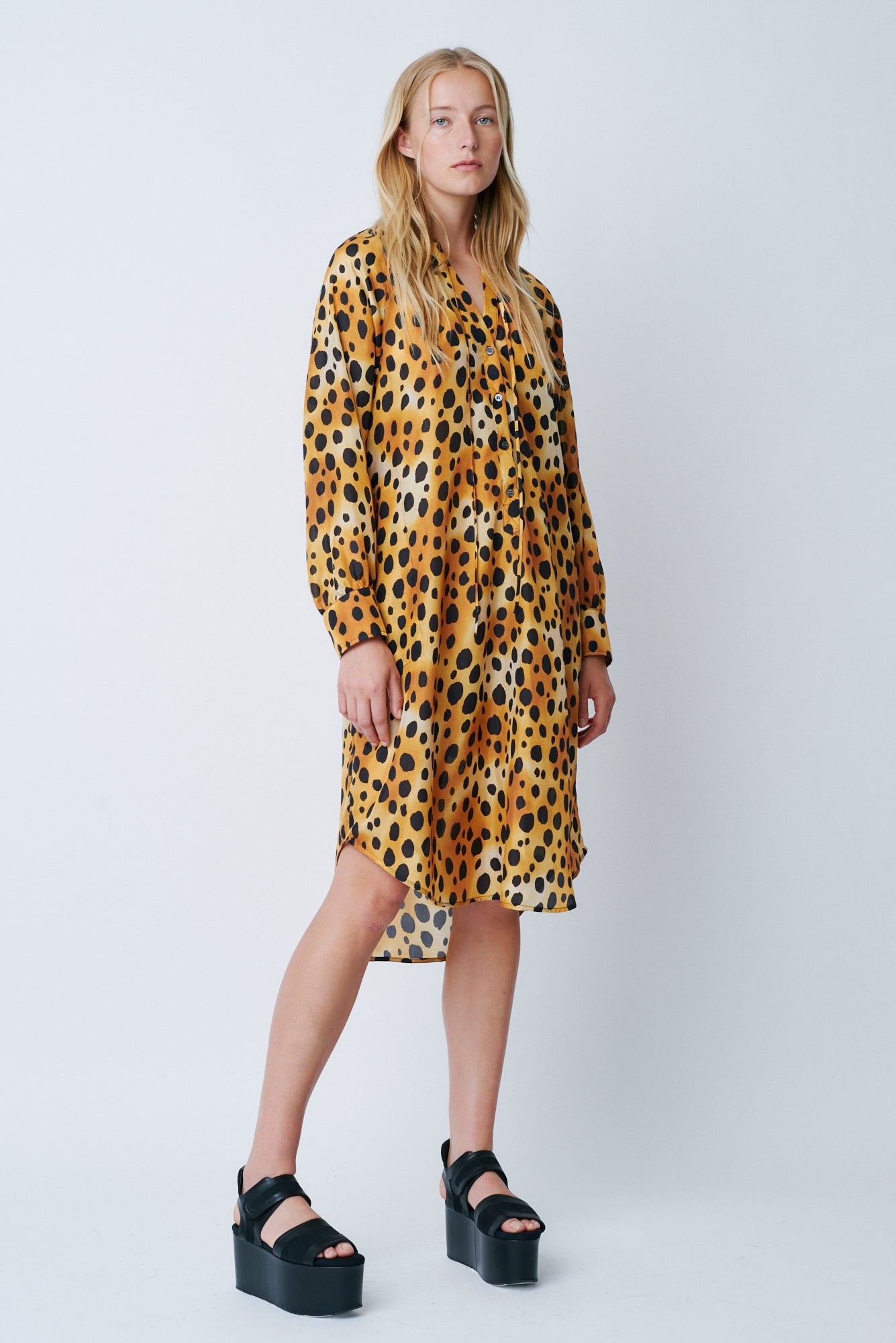 Classic Cheetah Vintage Wash Print Silk Poet Dress Full Side View