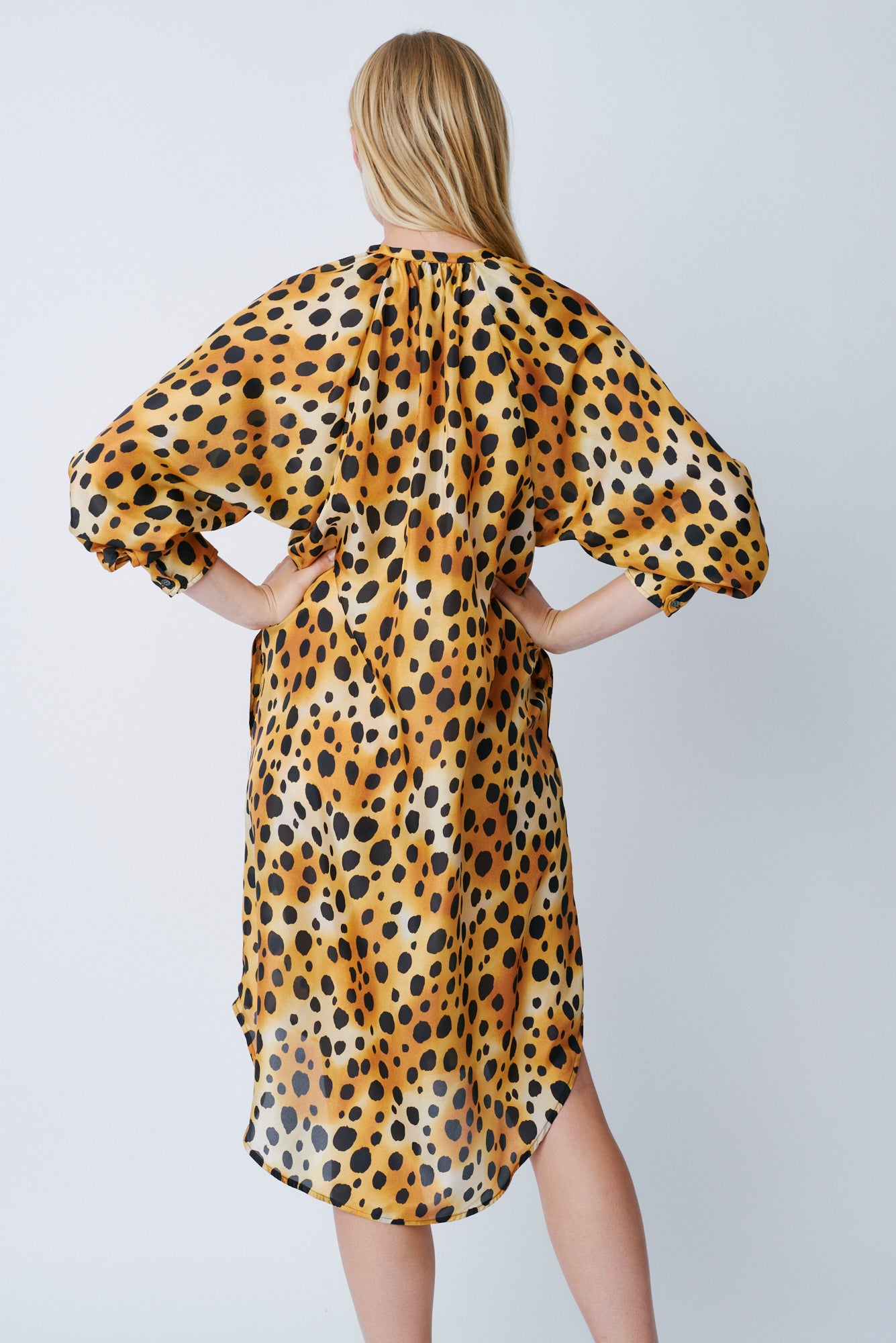 Classic Cheetah Vintage Wash Print Silk Poet Dress Back Close-Up View