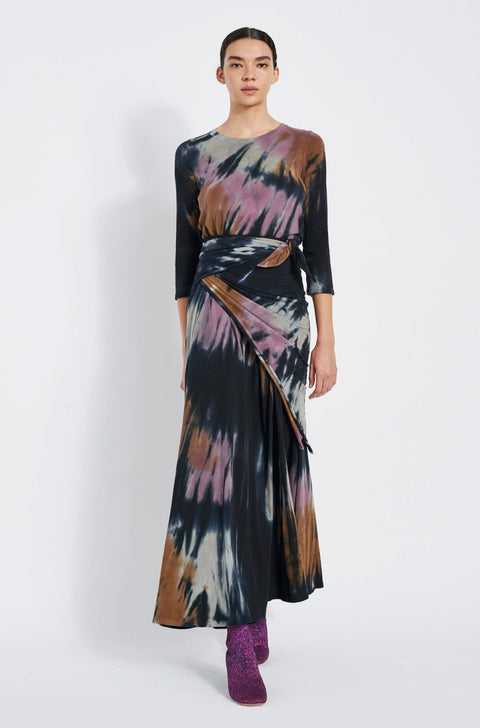 Black Fireworks Tie Dye Classic Jersey Drama Maxi Dress Full Front View   View 4 
